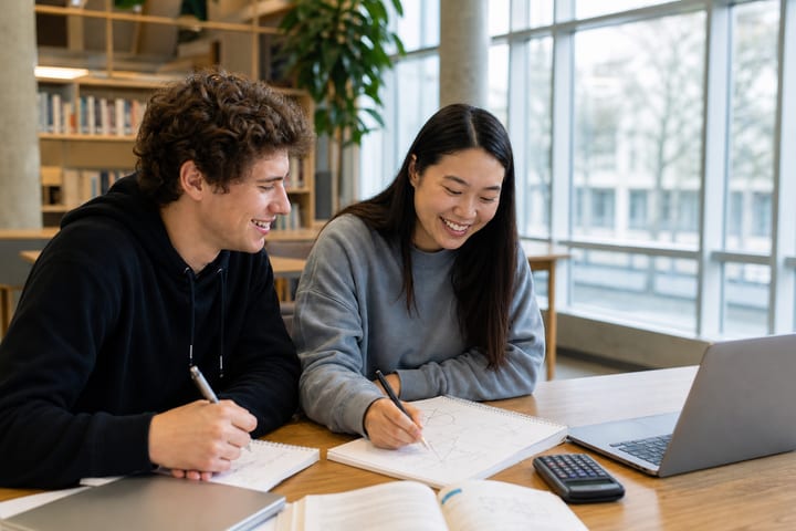 Two college students collaborate on higher math in a university library.