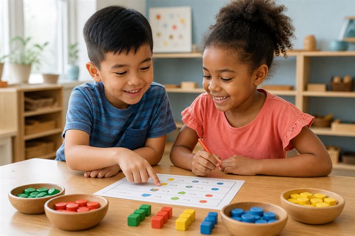 Two young children smile while practicing early math together.