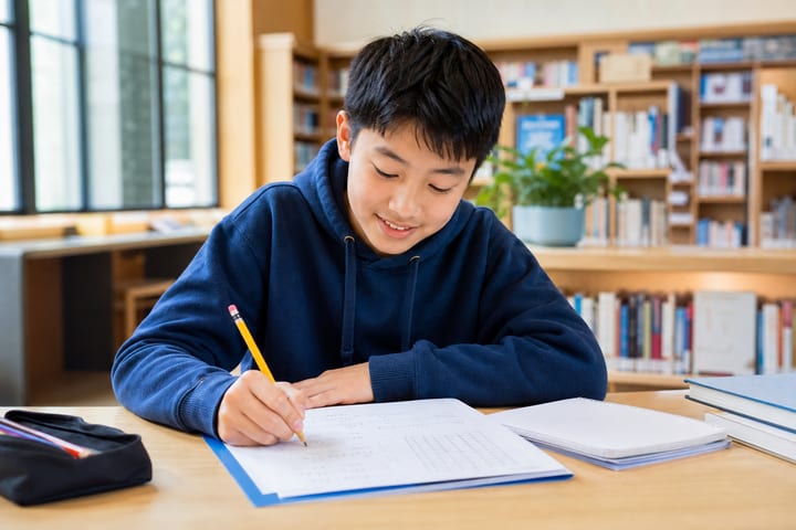One Asian middle-school student studies math independently in a library.