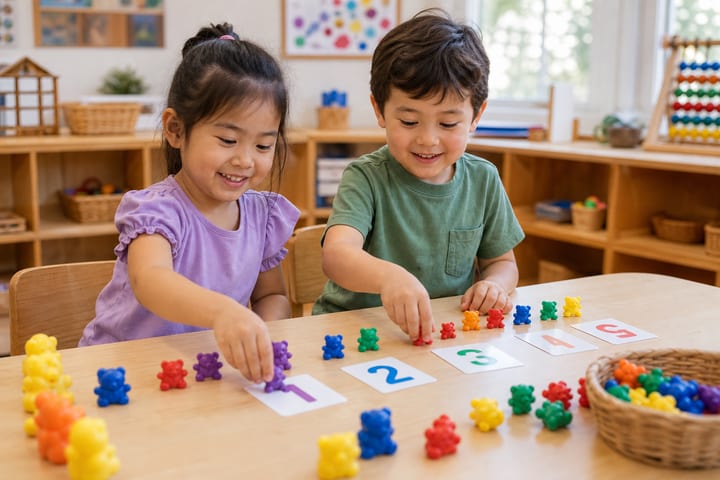 Two preschool children sort counting bears and number cards together.