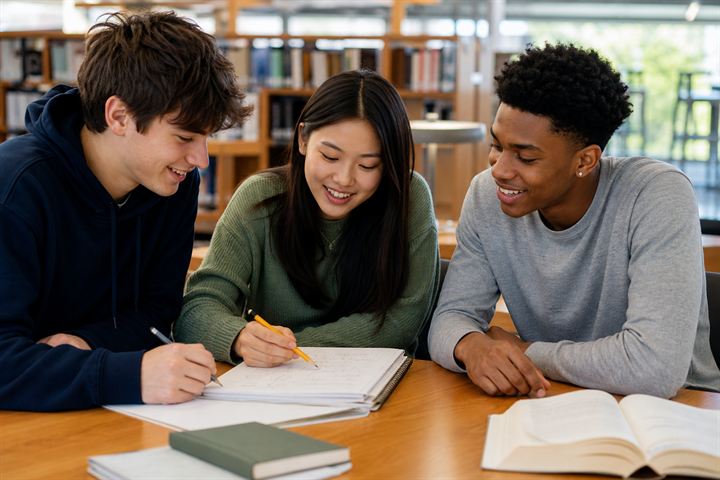 Three teens study math together in a library.