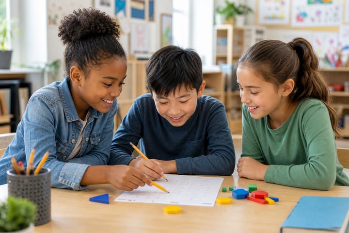 Three upper-elementary students work through a math worksheet together.