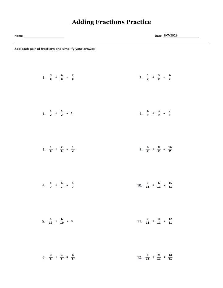 Answer key for the sample adding fractions worksheet