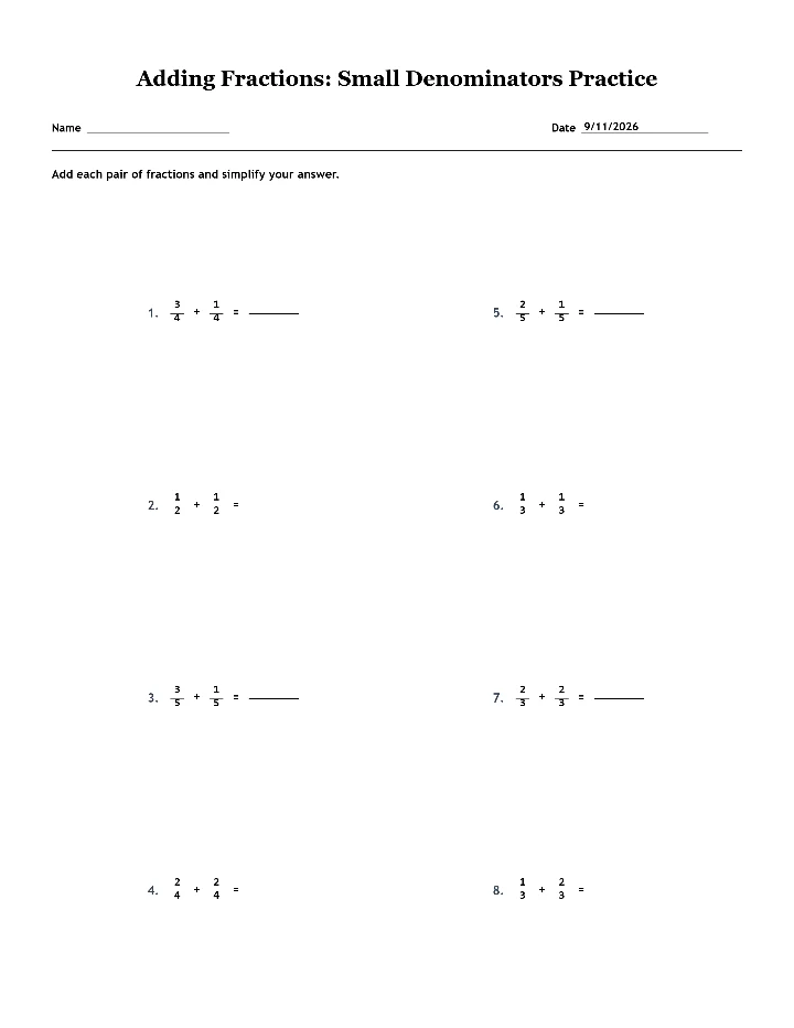 Preview of Adding Fractions: Small Denominators