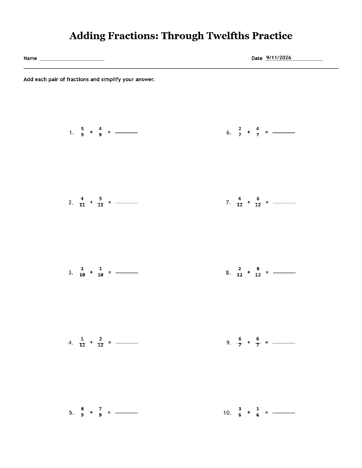 Preview of Adding Fractions: Through Twelfths