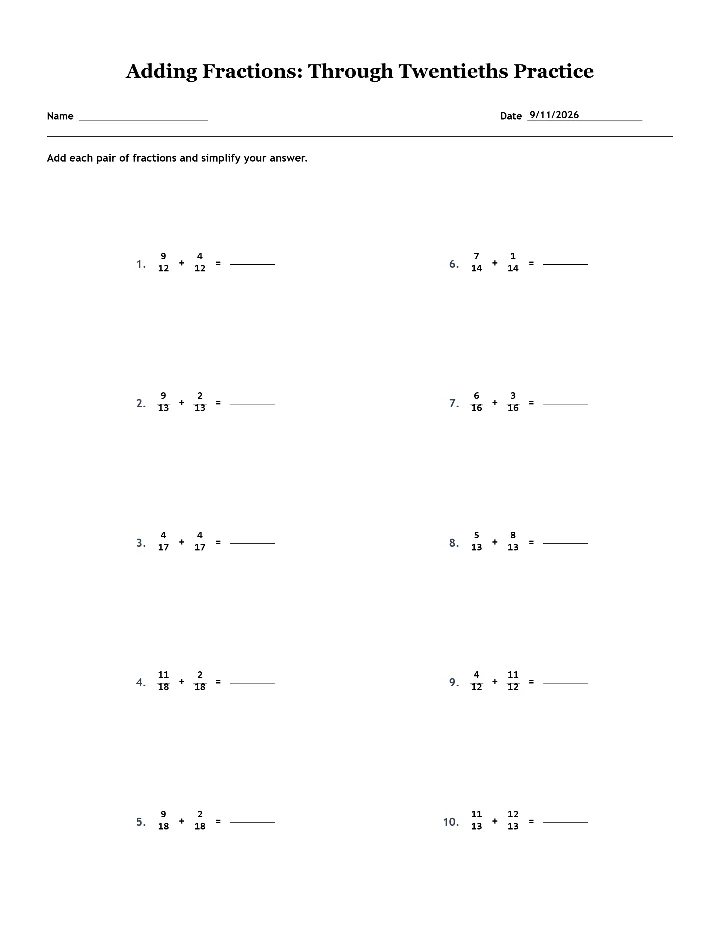 Preview of Adding Fractions: Through Twentieths