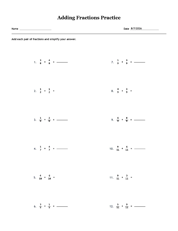 Sample adding fractions worksheet