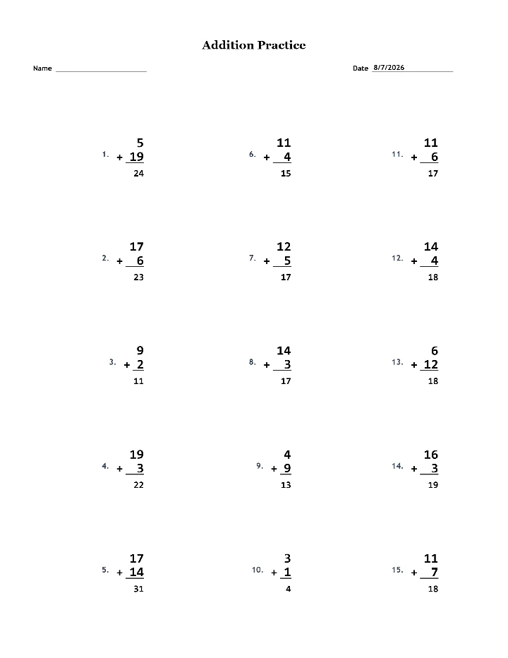 Answer key for the sample addition worksheet