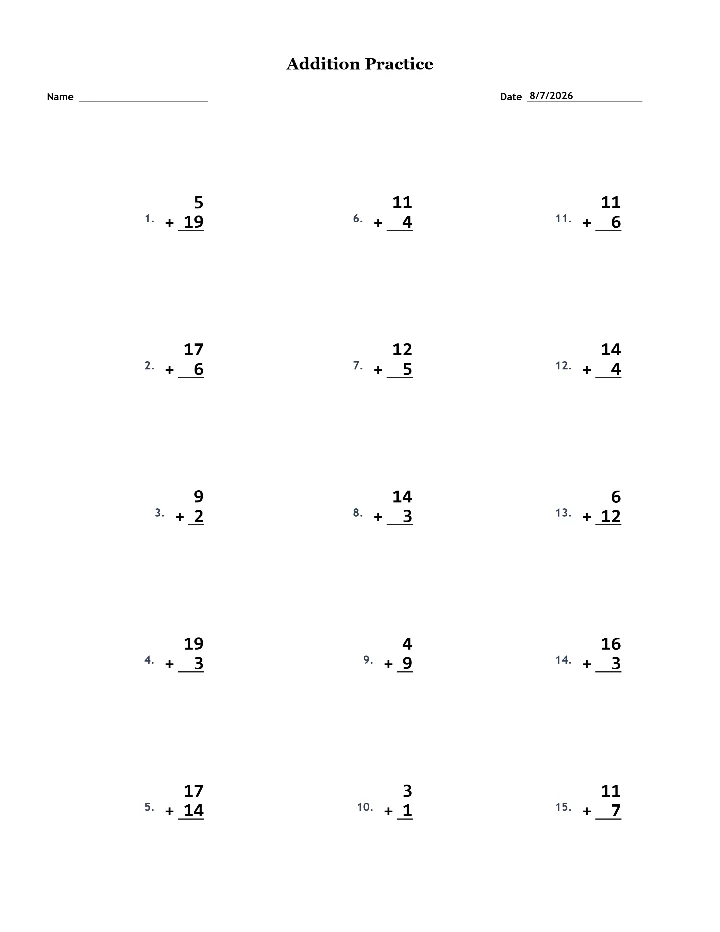 Sample addition worksheet