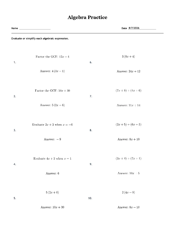Answer key for the sample algebra worksheet