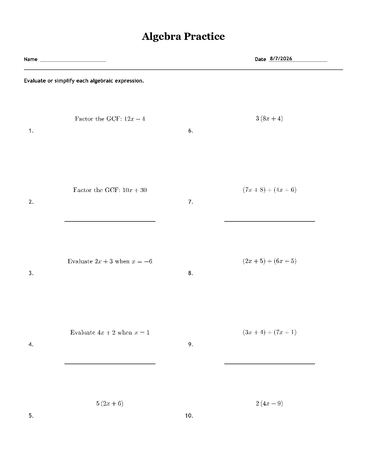 Sample algebra worksheet