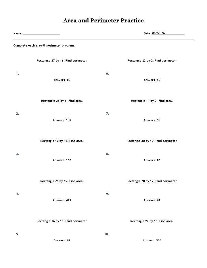 Answer key for the sample area and perimeter worksheet
