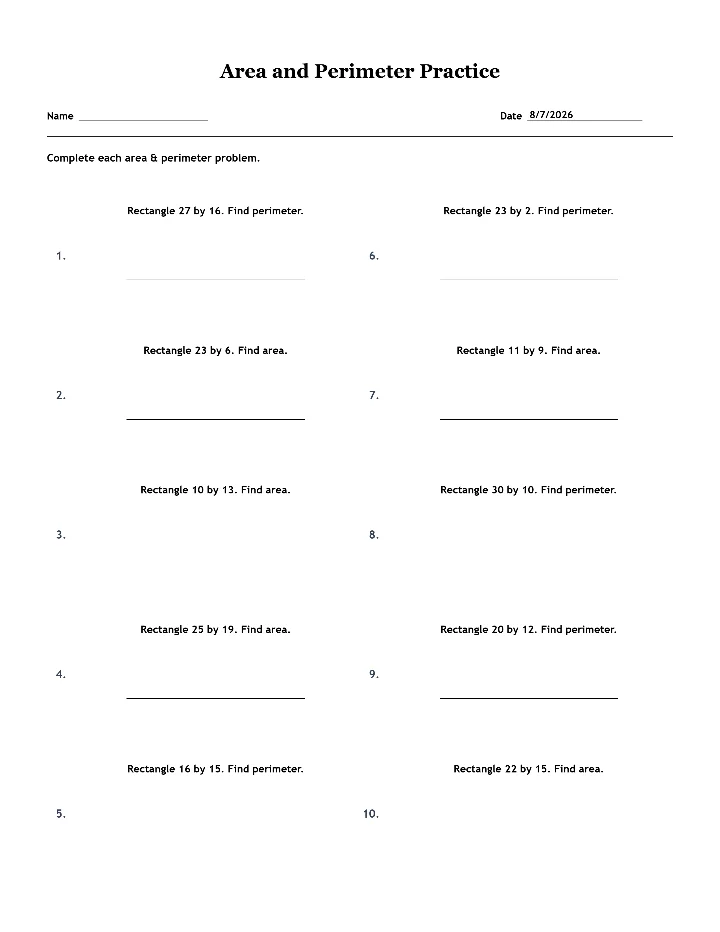 Sample area and perimeter worksheet