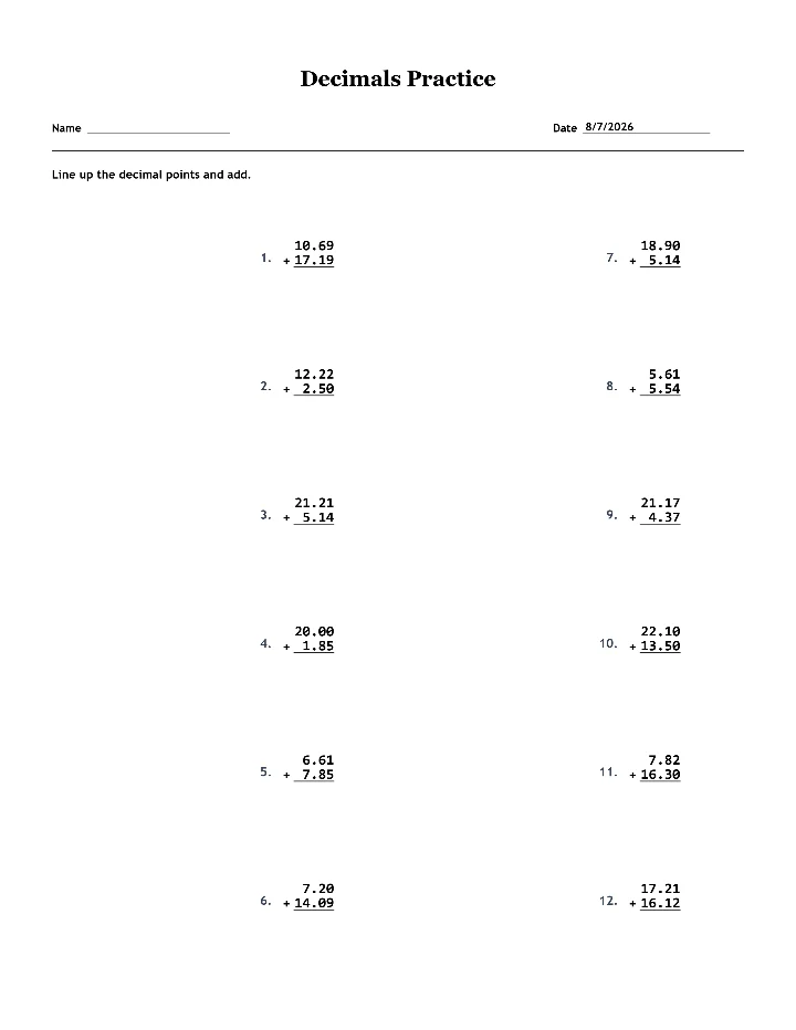 Sample decimals worksheet