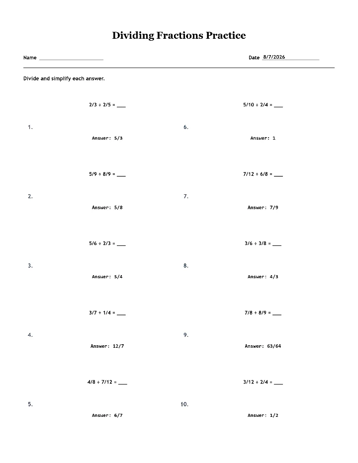 Answer key for the sample dividing fractions worksheet