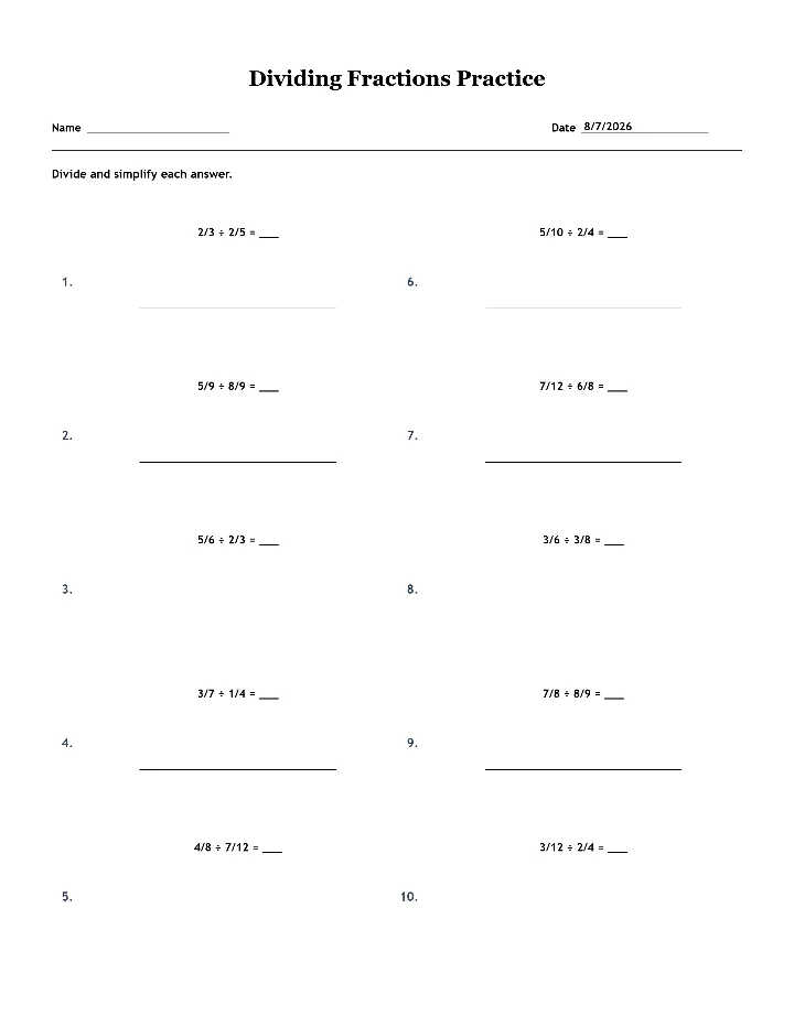 Sample dividing fractions worksheet