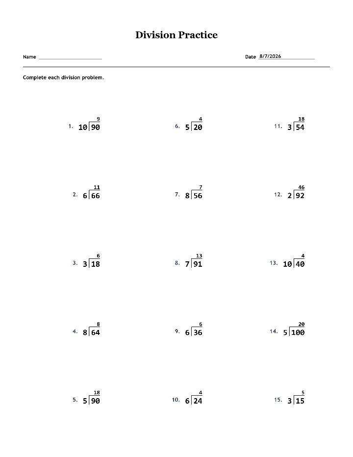Answer key for the sample division worksheet