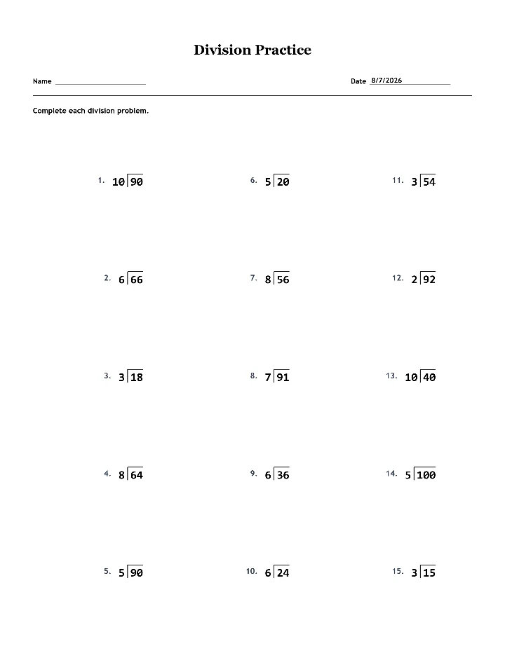 Sample division worksheet