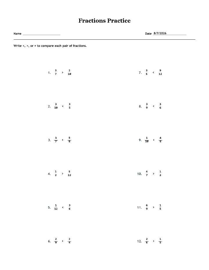 Answer key for the sample fractions worksheet