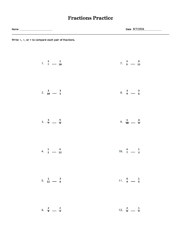 Sample fractions worksheet