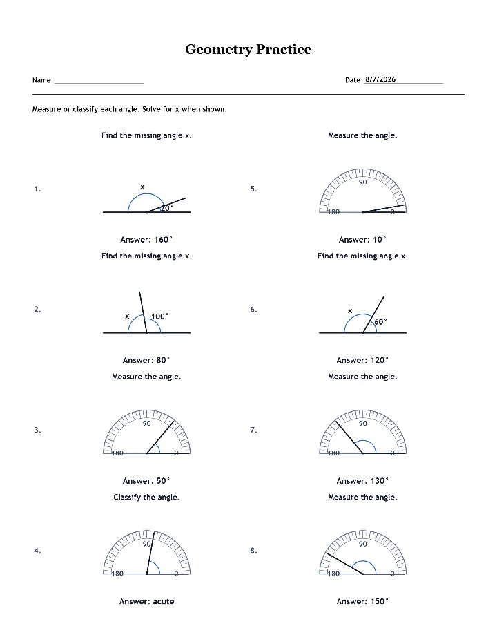 Answer key for the sample geometry worksheet