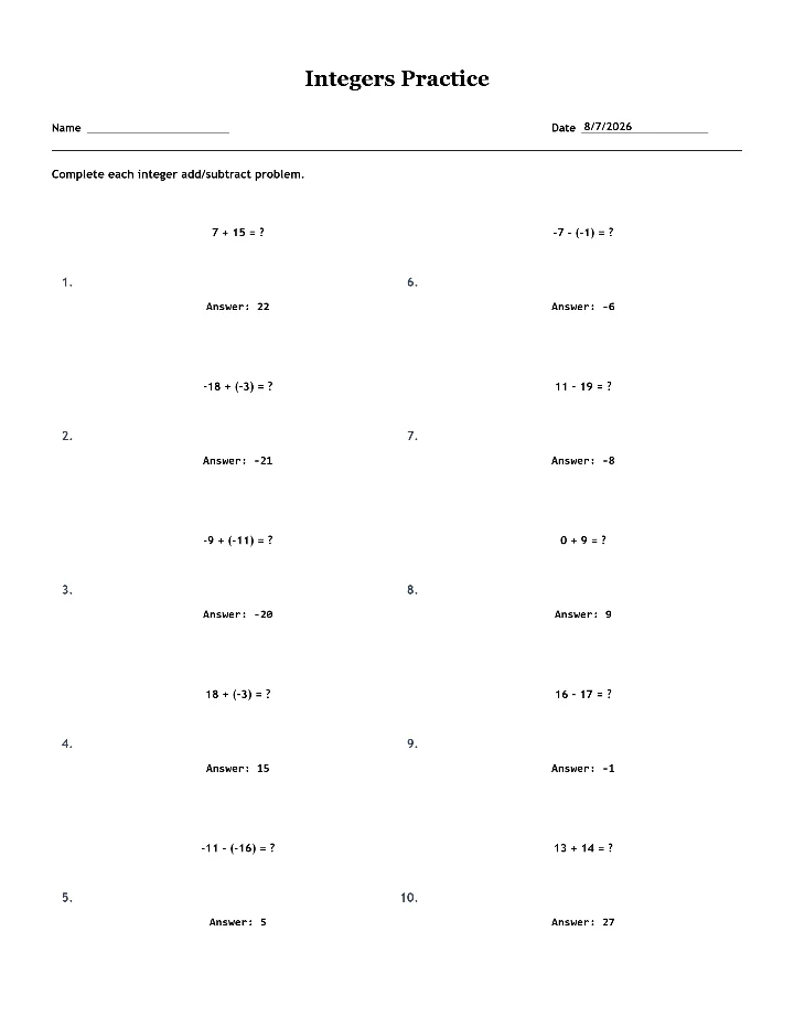 Answer key for the sample integers worksheet