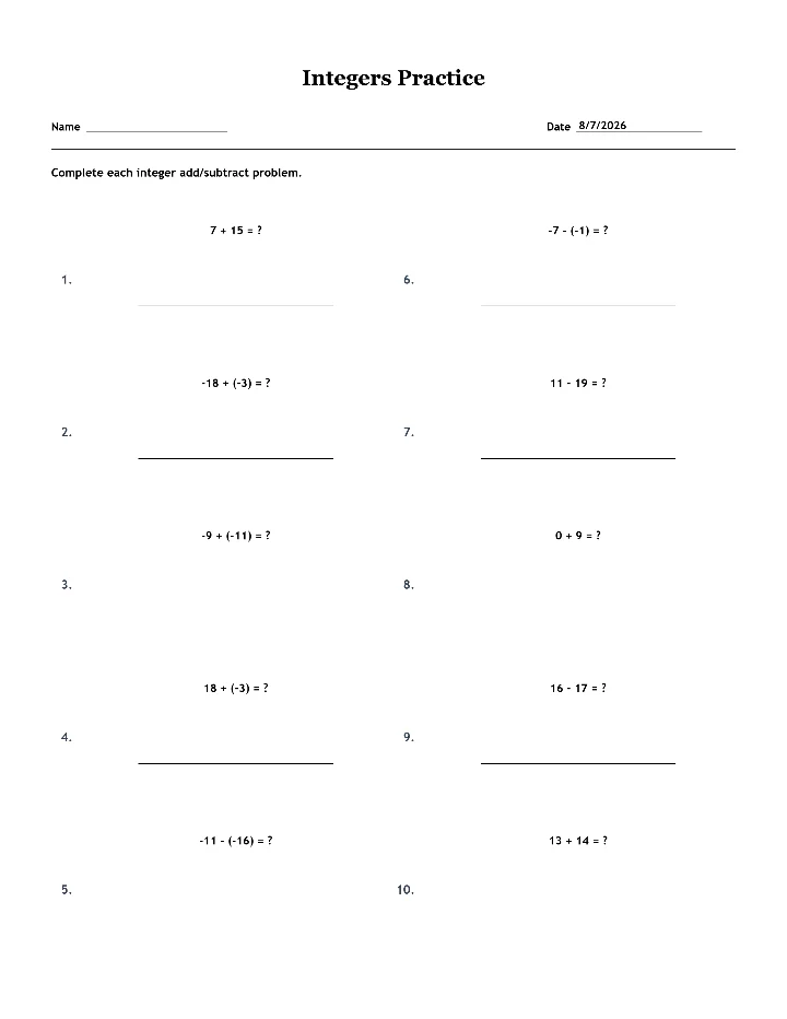 Sample integers worksheet