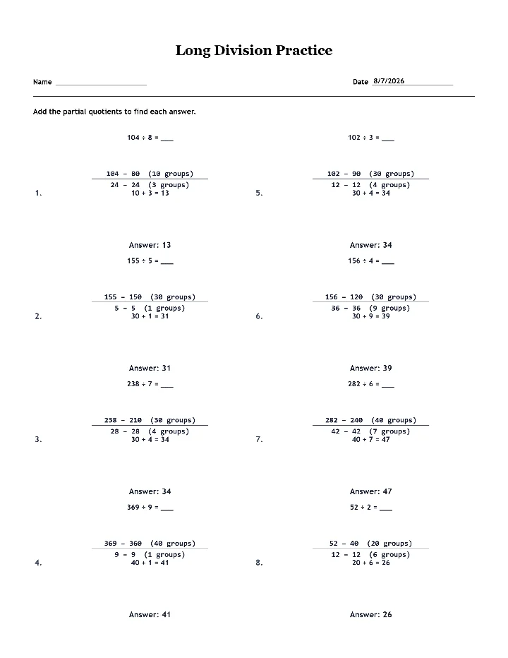 Answer key for the sample long division worksheet