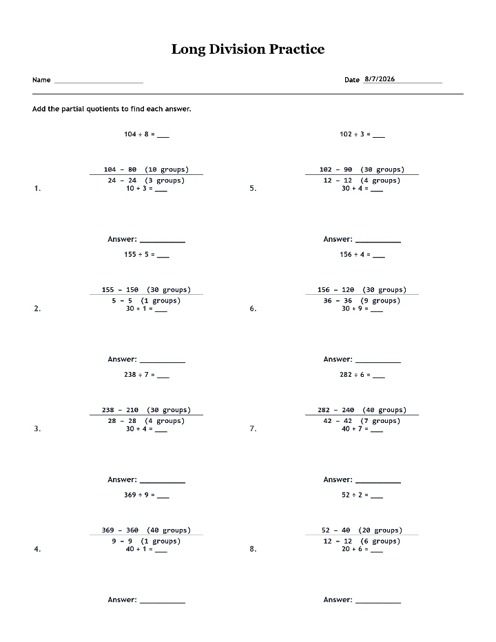 Sample long division worksheet