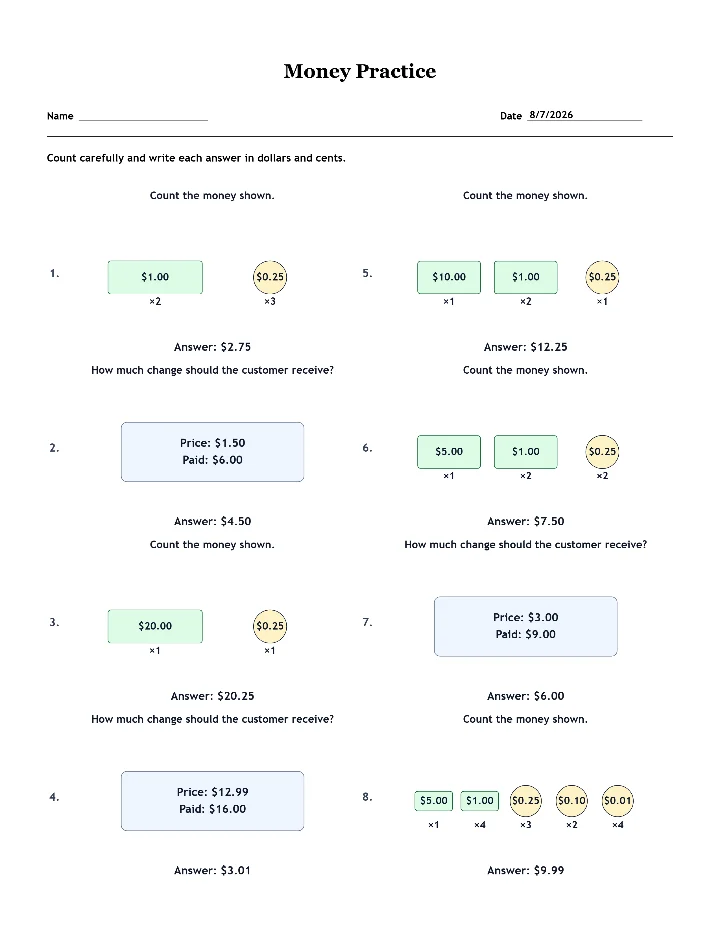 Answer key for the sample money worksheet