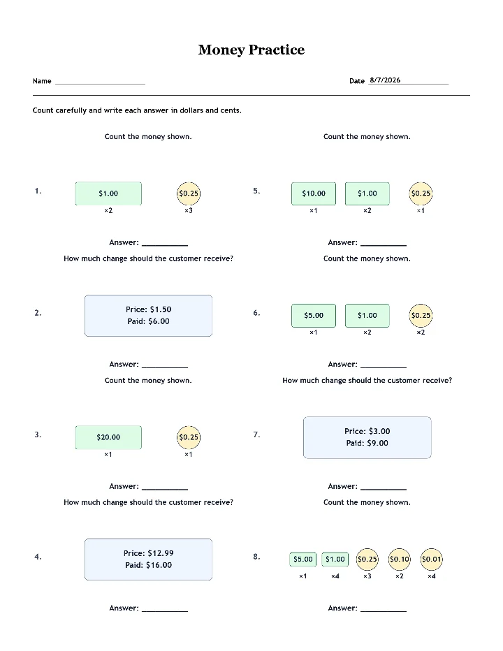 Sample money worksheet