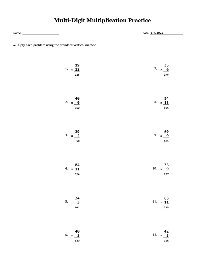 Answer key for the sample multi-digit multiplication worksheet