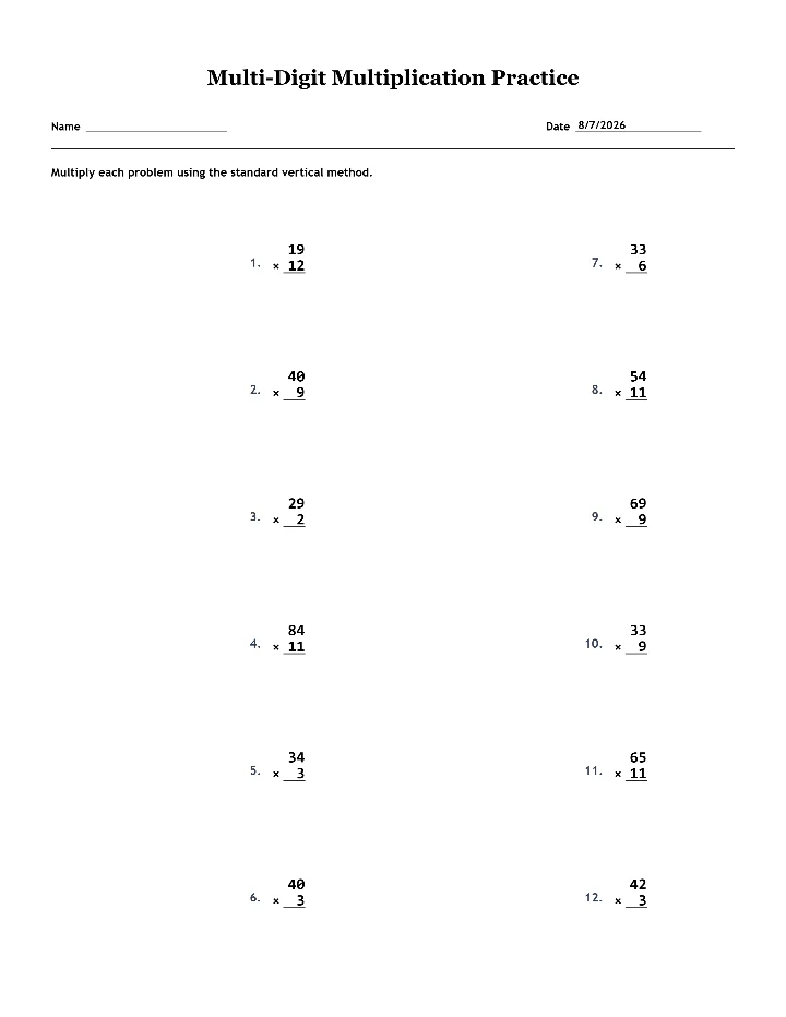 Sample multi-digit multiplication worksheet