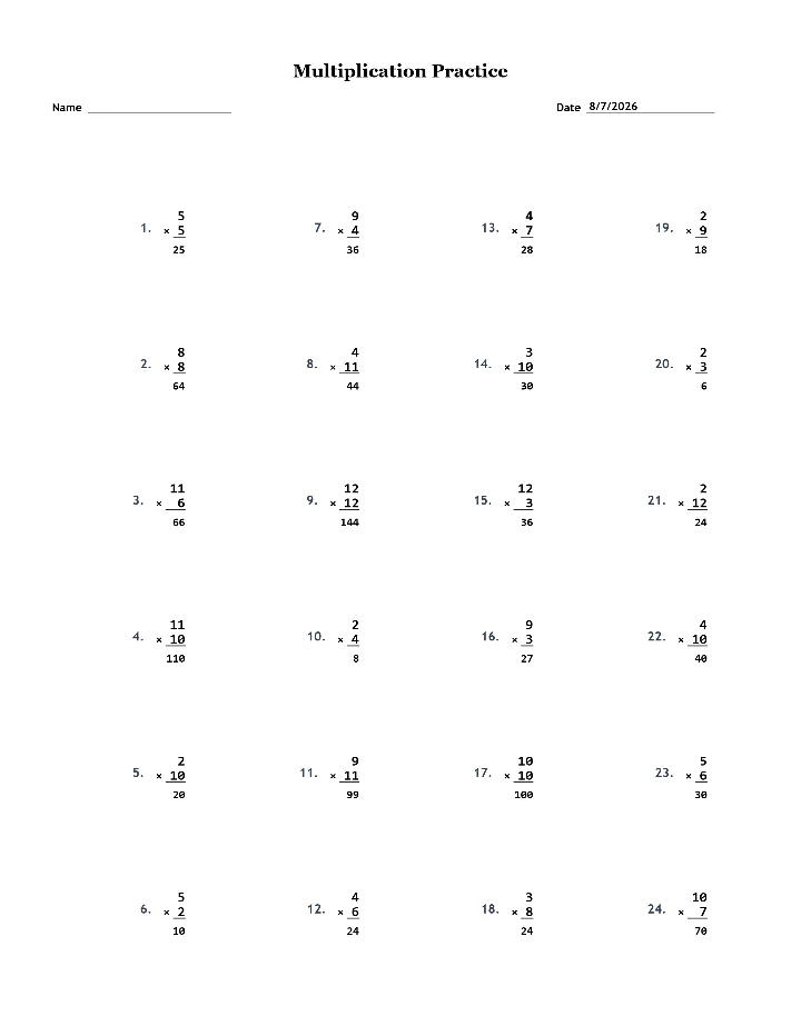 Answer key for the sample multiplication worksheet
