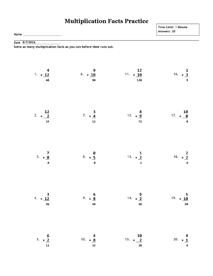 Answer key for the sample multiplication facts worksheet