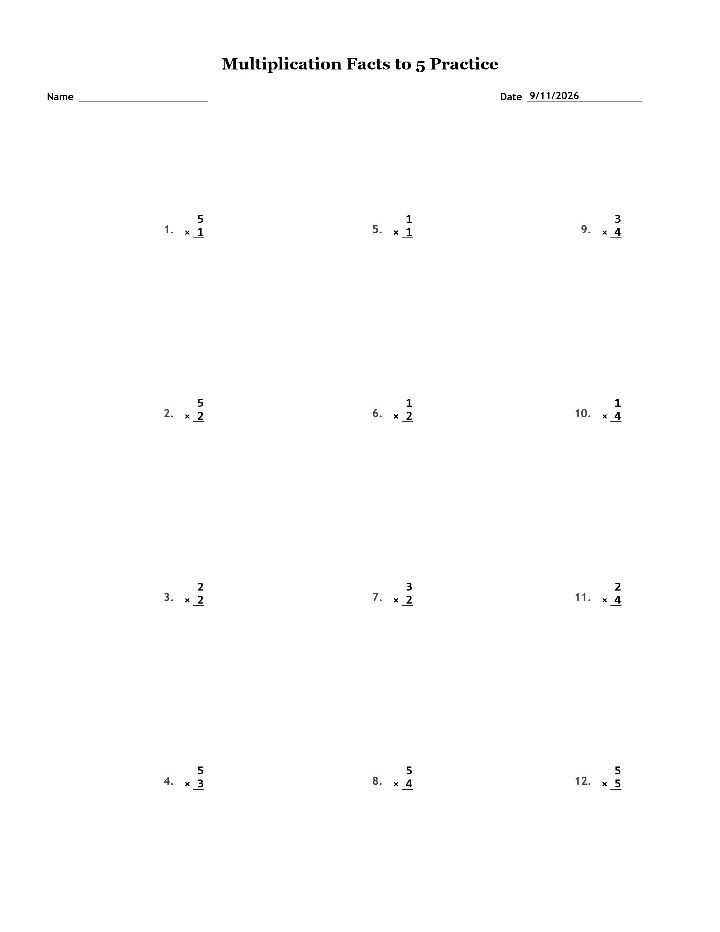 Preview of Multiplication Facts to 5