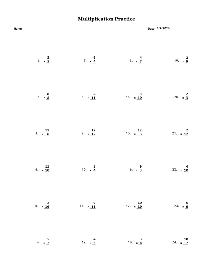 Sample multiplication worksheet
