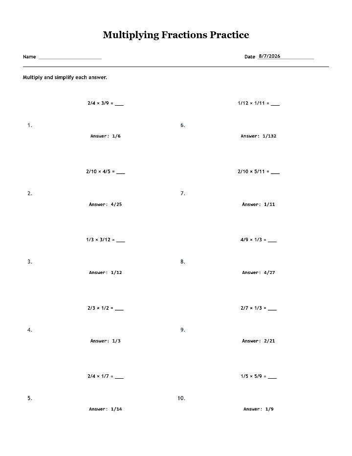 Answer key for the sample multiplying fractions worksheet