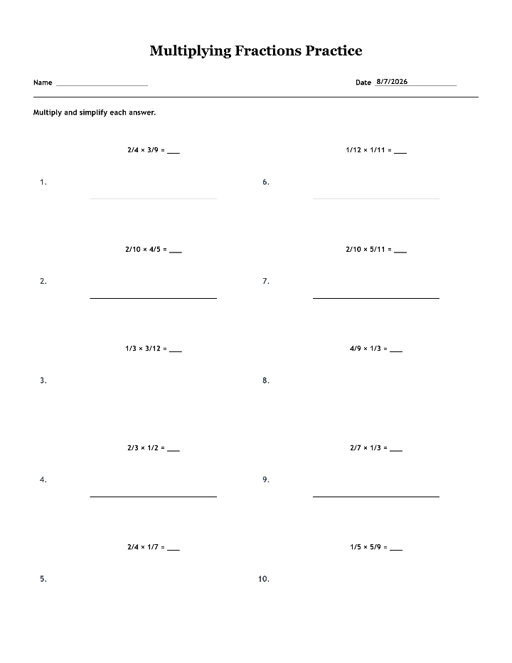 Sample multiplying fractions worksheet