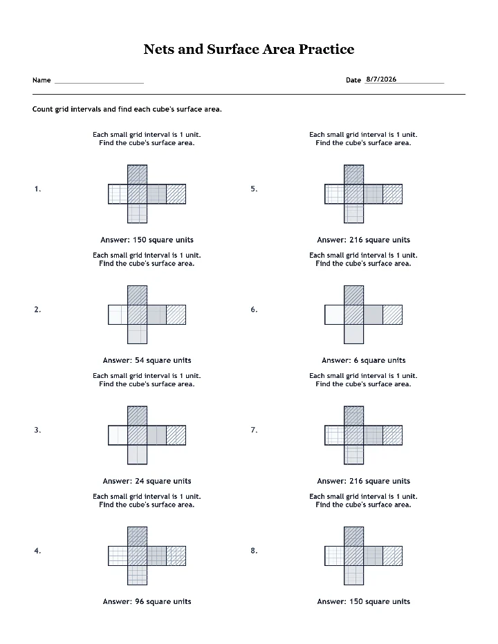 Answer key for the sample nets and surface area worksheet