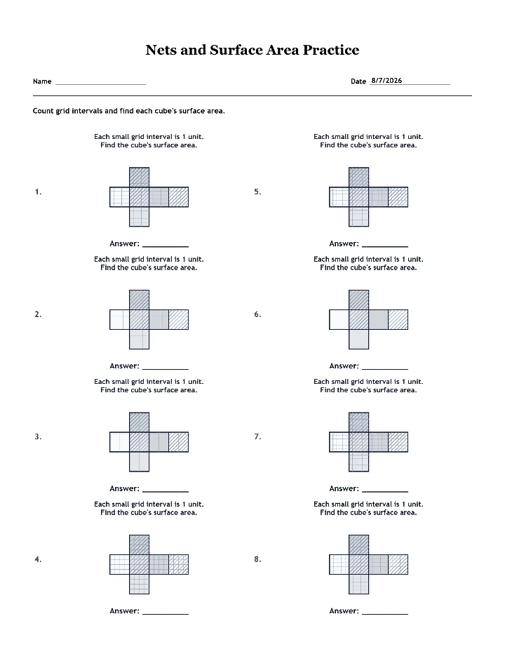 Sample nets and surface area worksheet