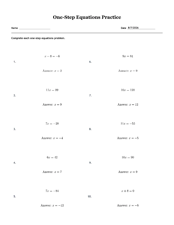Answer key for the sample one-step equations worksheet