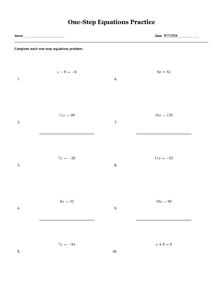 Sample one-step equations worksheet
