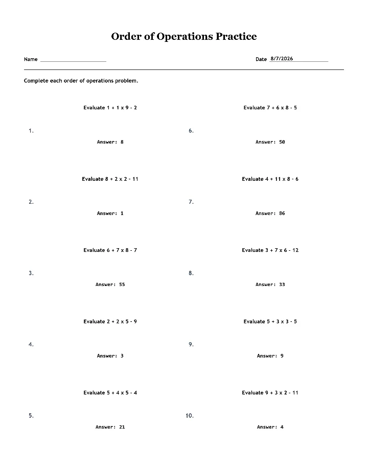 Answer key for the sample order of operations worksheet