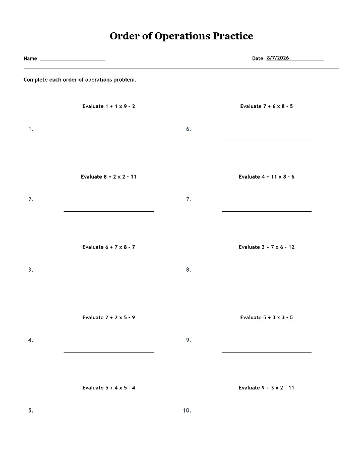 Sample order of operations worksheet