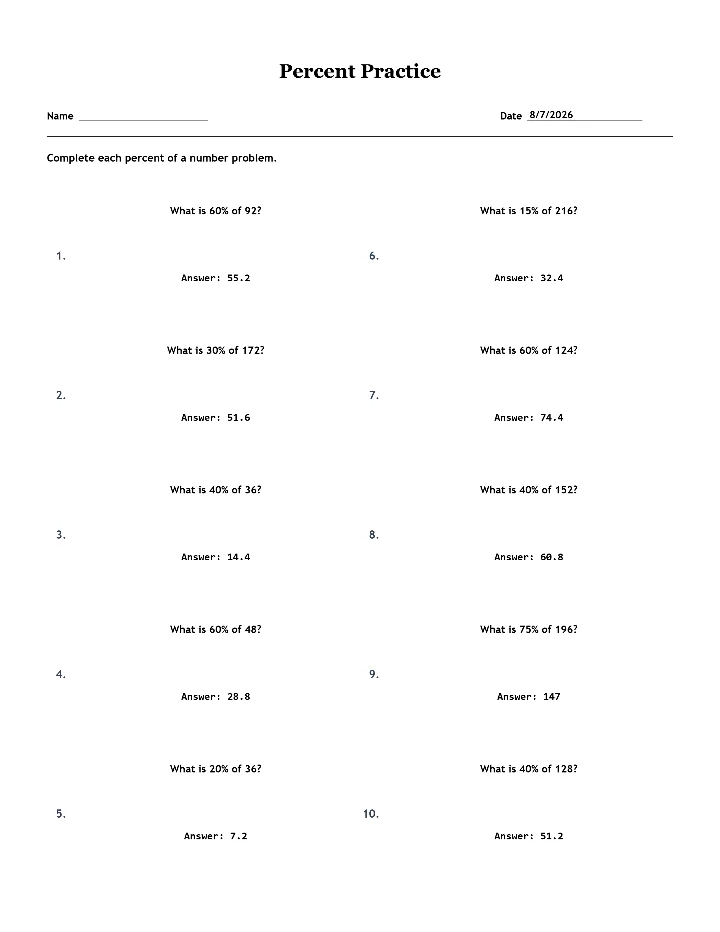Answer key for the sample percent worksheet