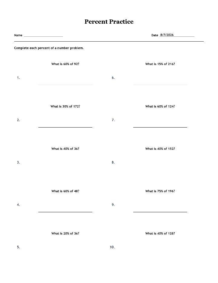 Sample percent worksheet
