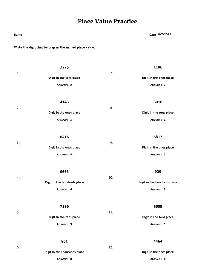 Answer key for the sample place value worksheet