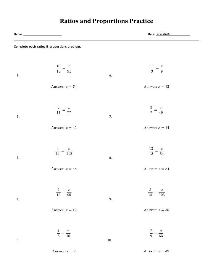 Answer key for the sample ratios and proportions worksheet