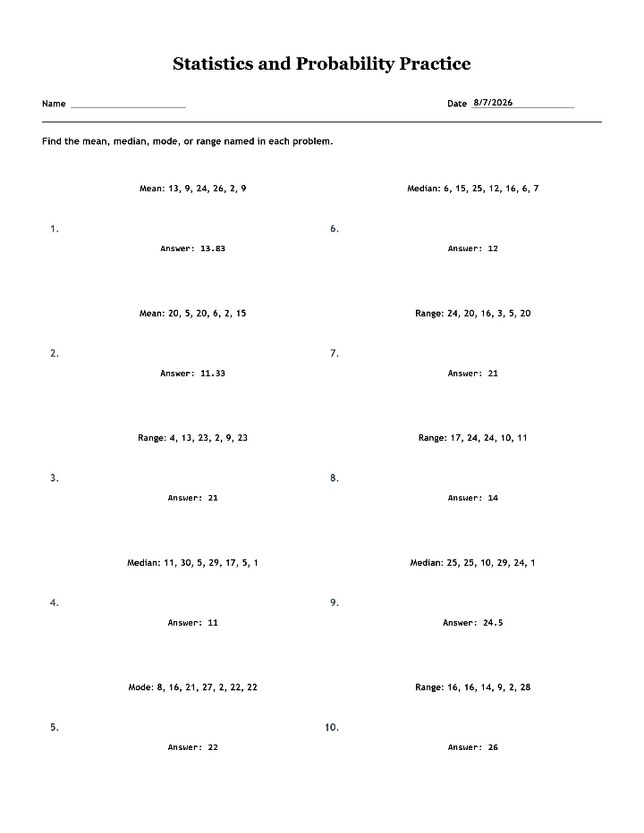 Answer key for the sample statistics and probability worksheet